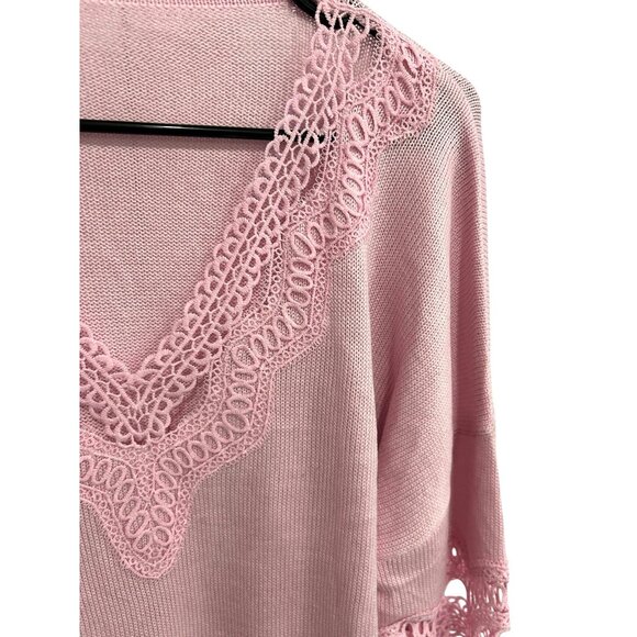 Relaxed Fit Pink Lace Trimmed Deep V Neck Sweater SZ Large Crochet Detail - Picture 4 of 10